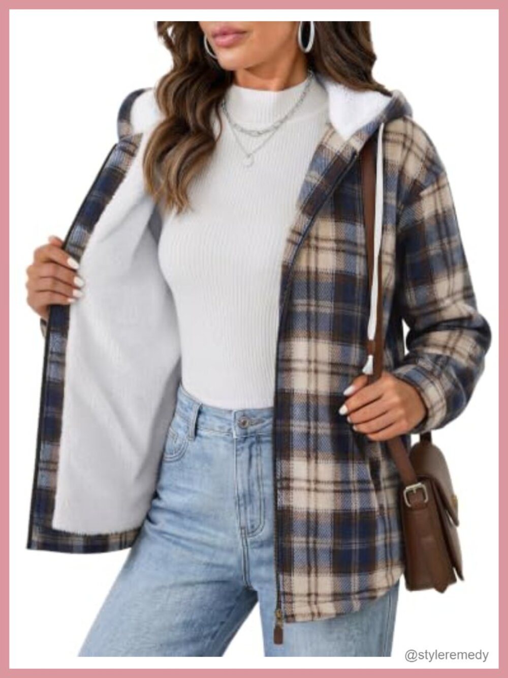 Fleece Plaid Hooded Zip Jacket Sherpa Lined Warm Winter Coat